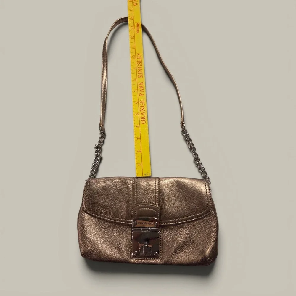 Michael Kors Rose Gold Metallic Leather Shoulder Bag Chain Strap Push Lock Small
